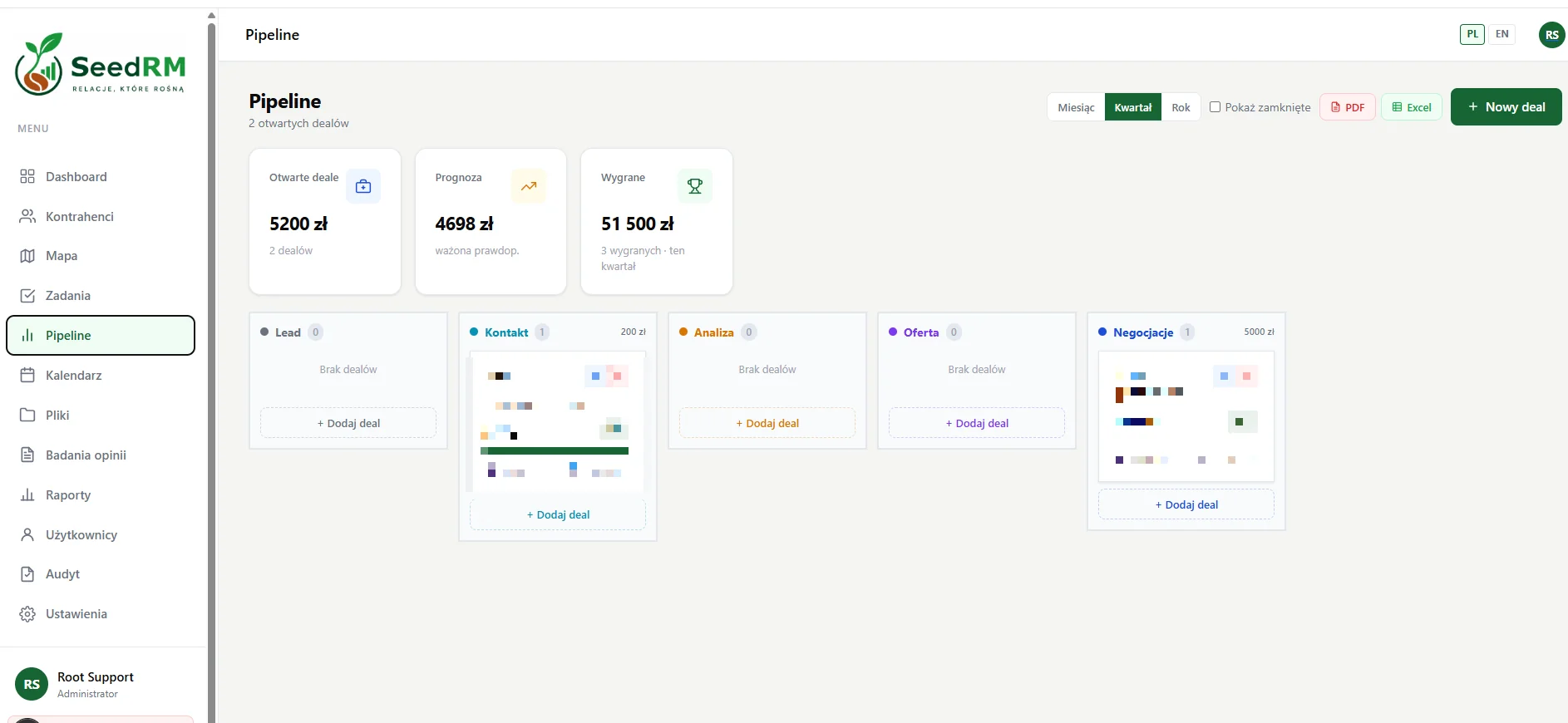 Pipeline Kanban w SeedRM z etapami sprzedaży